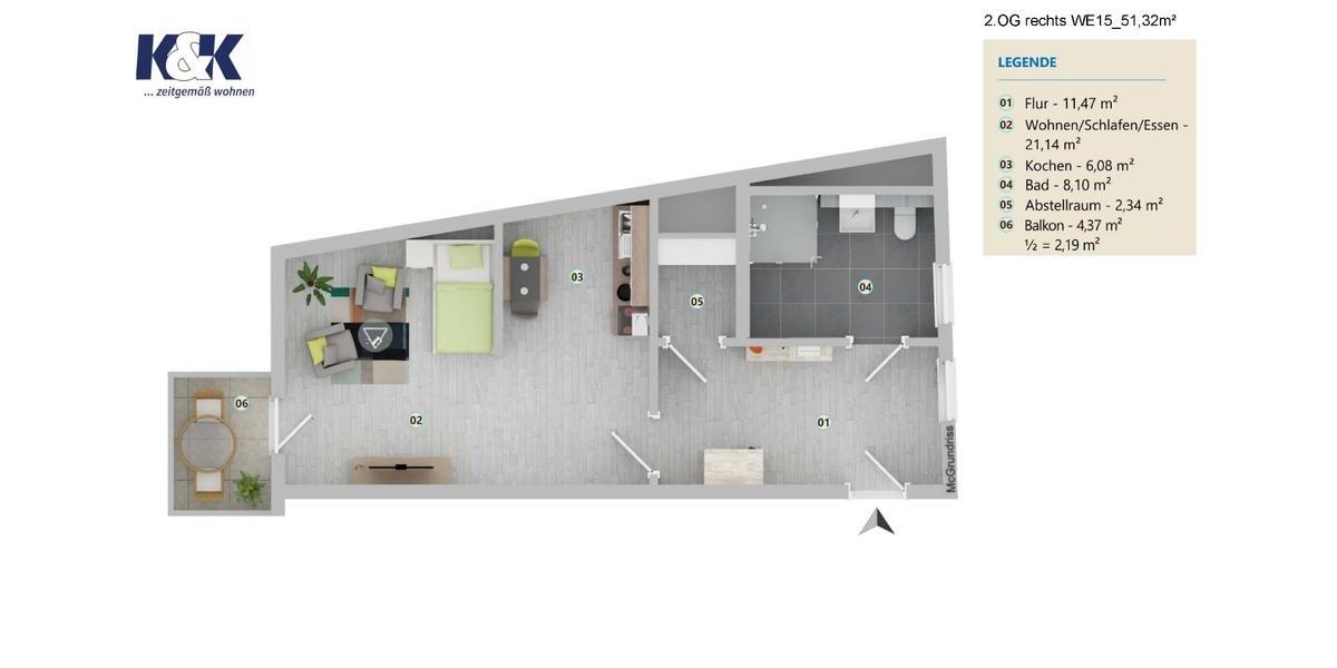 Etagenwohnung Schwerin - 1 Zimmer, 51 m&sup2;, 539&euro; | Angebot:23721747