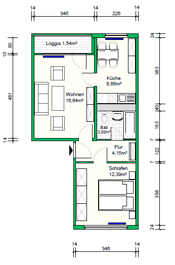 Etagenwohnung Schwerin Gartenstadt - 2 Zimmer, 47 m&sup2;, 308&euro; | Angebot:26676785
