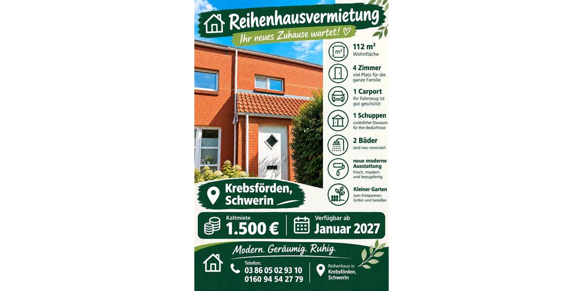 Reihenhaus Schwerin Gartenstadt - 4 Zimmer, 112 m&sup2;, 1.500&euro; | Angebot:27624780