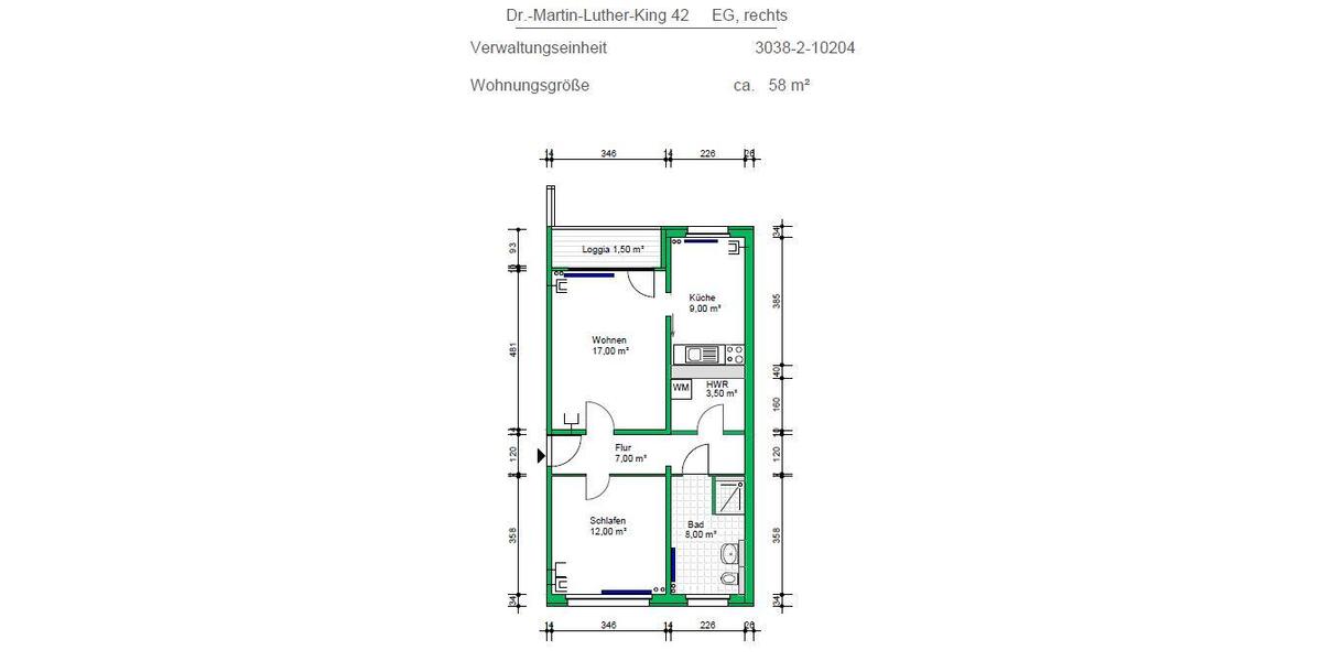 Etagenwohnung Schwerin Gartenstadt - 2 Zimmer, 58 m&sup2;, 382&euro; | Angebot:26676786